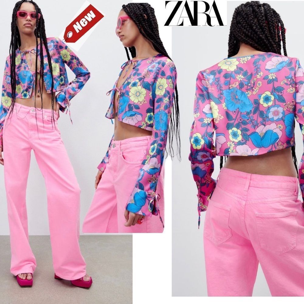 Zara fuchsia satin effect printed crop top floral flowers Sz M NWT